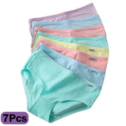 7-pack of women’s cotton panties in solid pastel colors; breathable plus-size briefs by Simples Market.