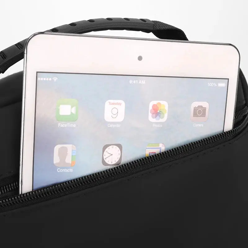 Men's messenger sling bag black crossbody pouch with zip pocket holding a smartphone