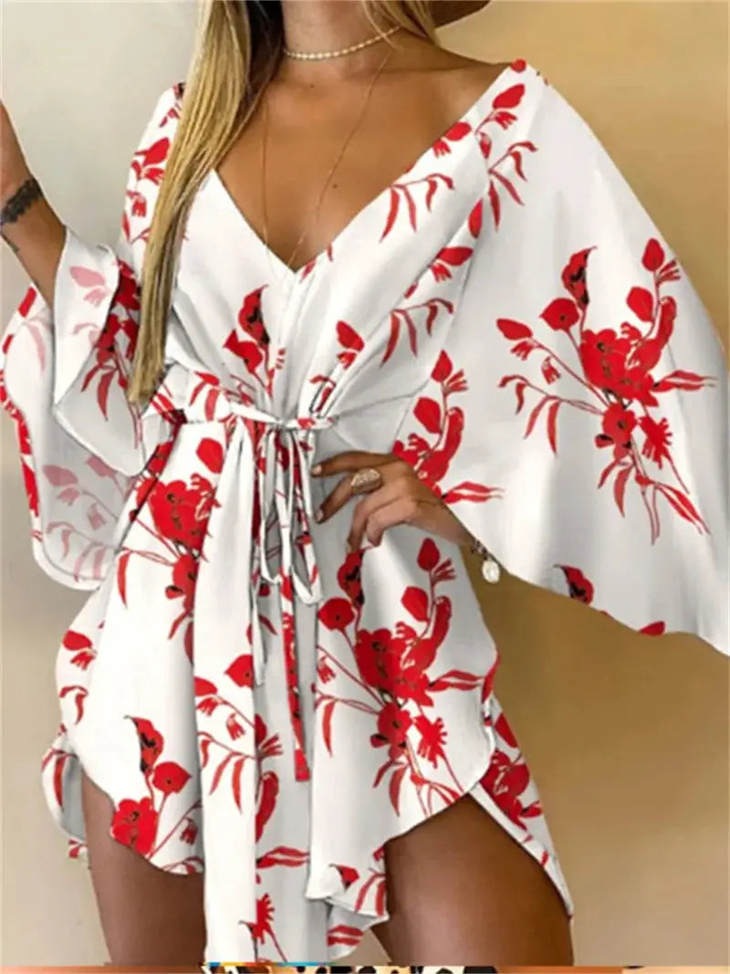 Women Boho Floral Print V Neck Bat Sleeve Ruffle Sundress Beach