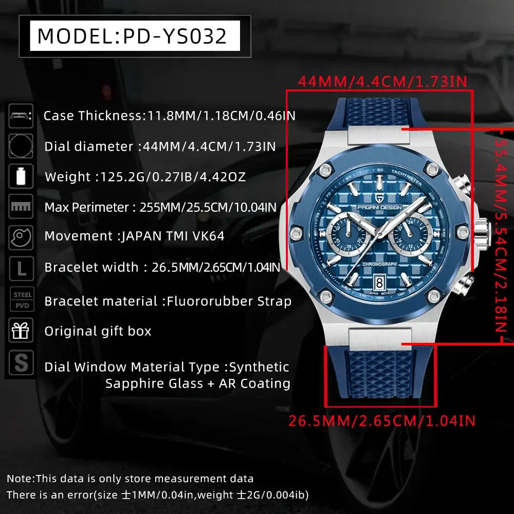 PAGANI DESIGN men's blue chronograph watch with fluororubber strap and stainless steel case