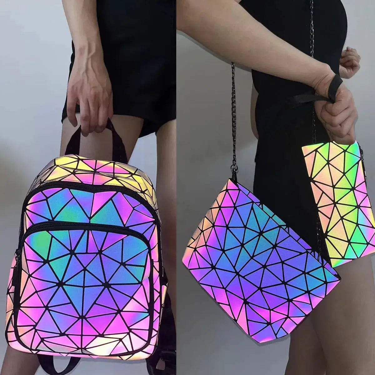 Luminous holographic backpack 3-piece set by Simples Market; rainbow geometric triangles with two matching pouches