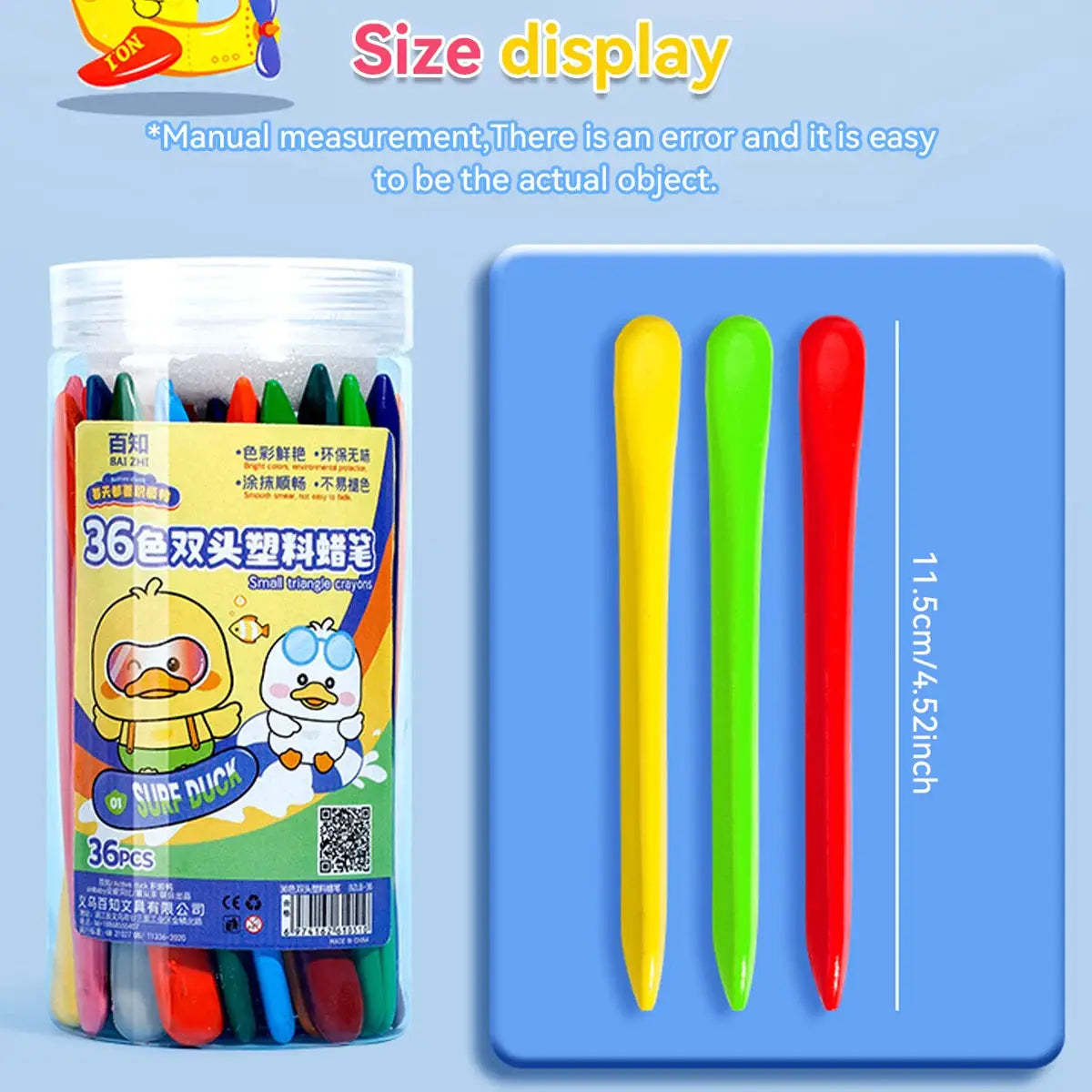 Simples Market 36-color double-headed triangle crayon set in a clear tub with cute duck illustrations
