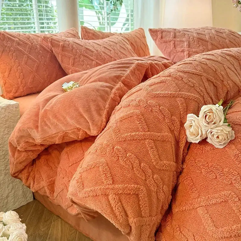 Tafuru Milk fleece quilt set by Simples Market in peach, warm solid color bedding for double beds.