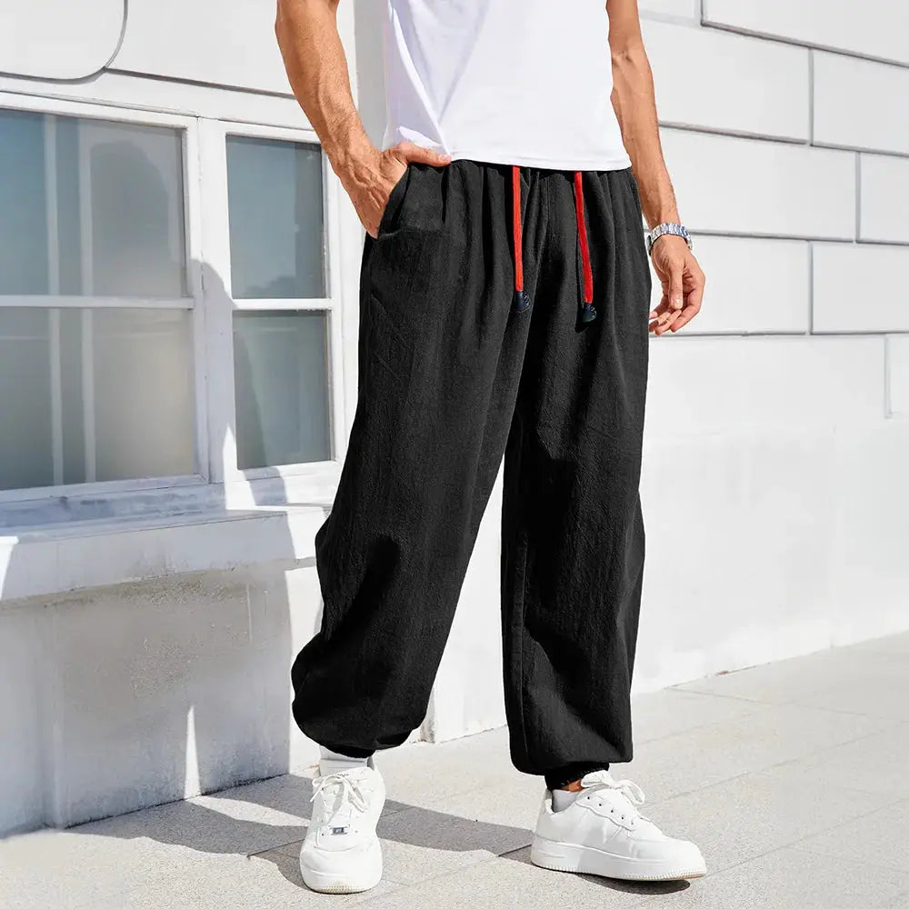 Men's harem pants, black cotton-linen fabric for casual wear