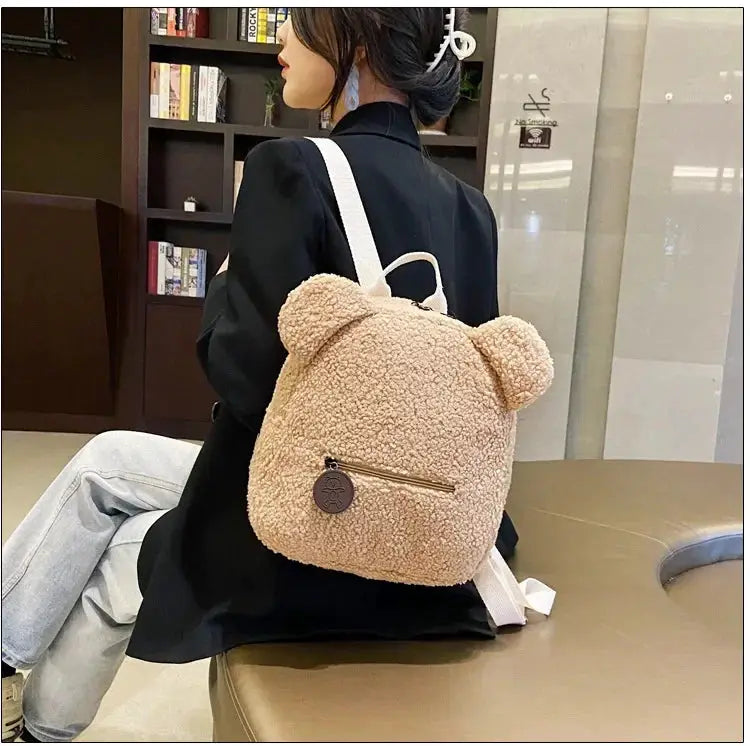 Bear-ear plush backpack for kids, beige fleece daypack with white straps and front zip pocket