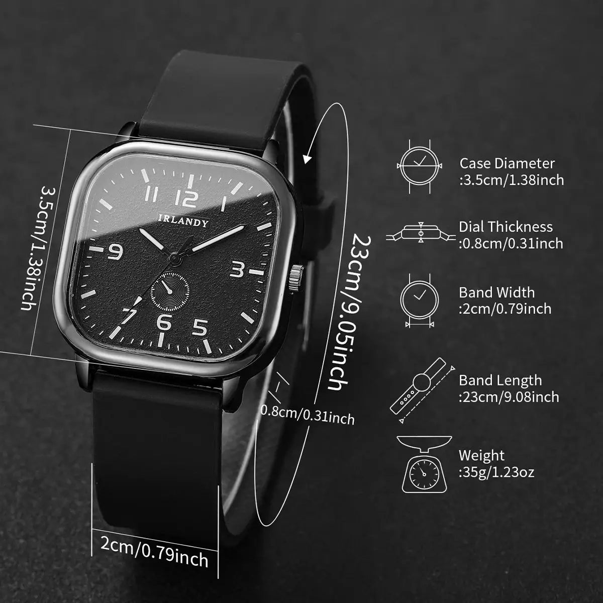Fashion square watch with black silicone strap, quartz movement, IRLANDY dial