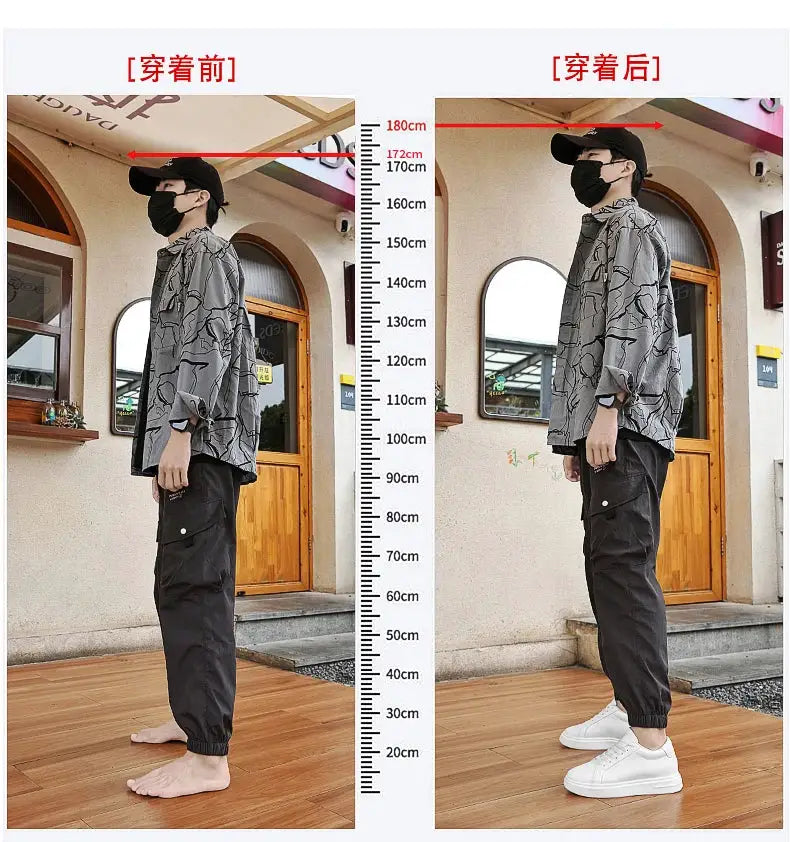 Men's elevator sneakers with height-increase insoles, white leather sport shoes; 6–10 cm boost shown in two panels.