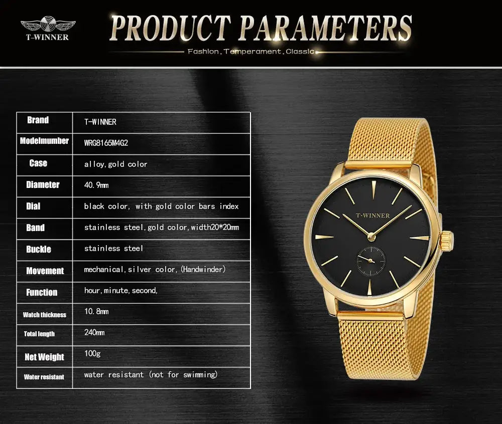 T-WINNER wristwatch with gold-tone mesh strap and black dial