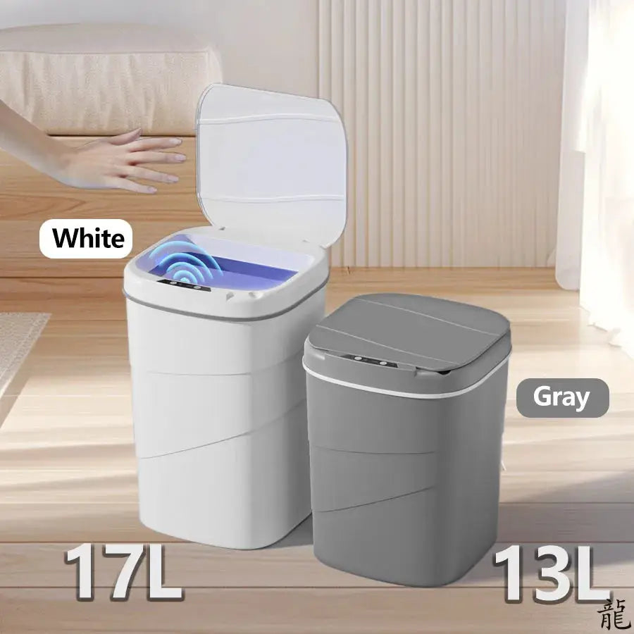 Smart sensor touchless trash can set, white 17L and gray 13L, battery powered.