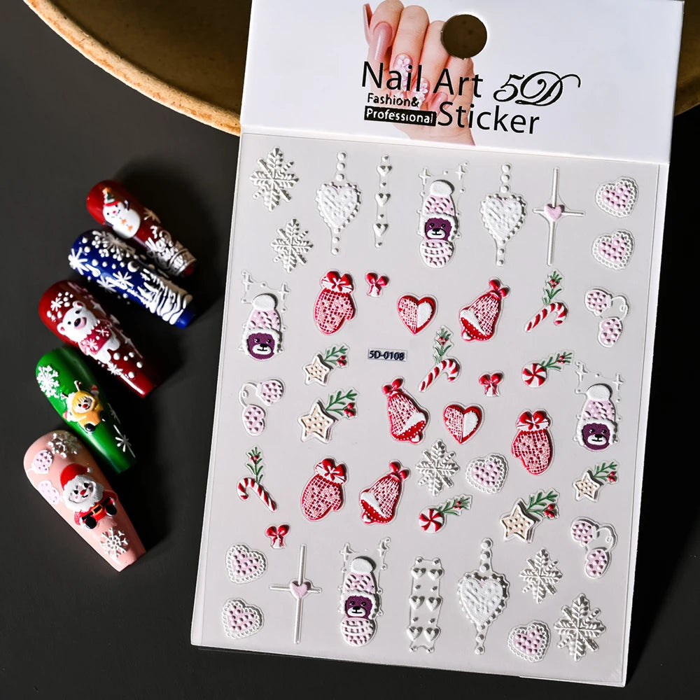 Winter Christmas nail stickers by Simples Market; self-adhesive sheet with snowman, snowflakes, candy canes and hearts.