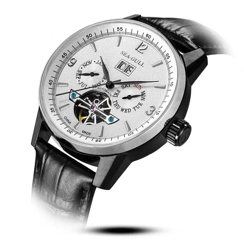 Seagull men automatic watch, silver dial with hollow flywheel, black leather strap, calendar subdials, waterproof.