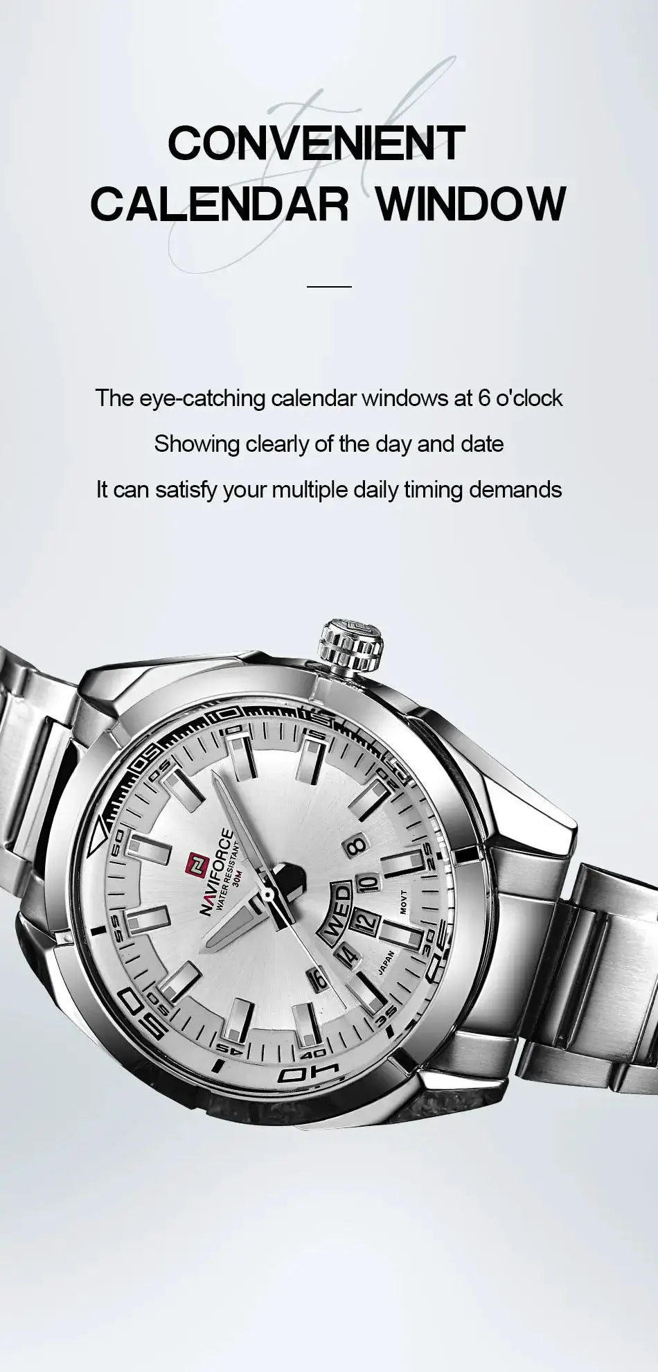 Naviforce men's stainless steel casual watch with date display and metal bracelet