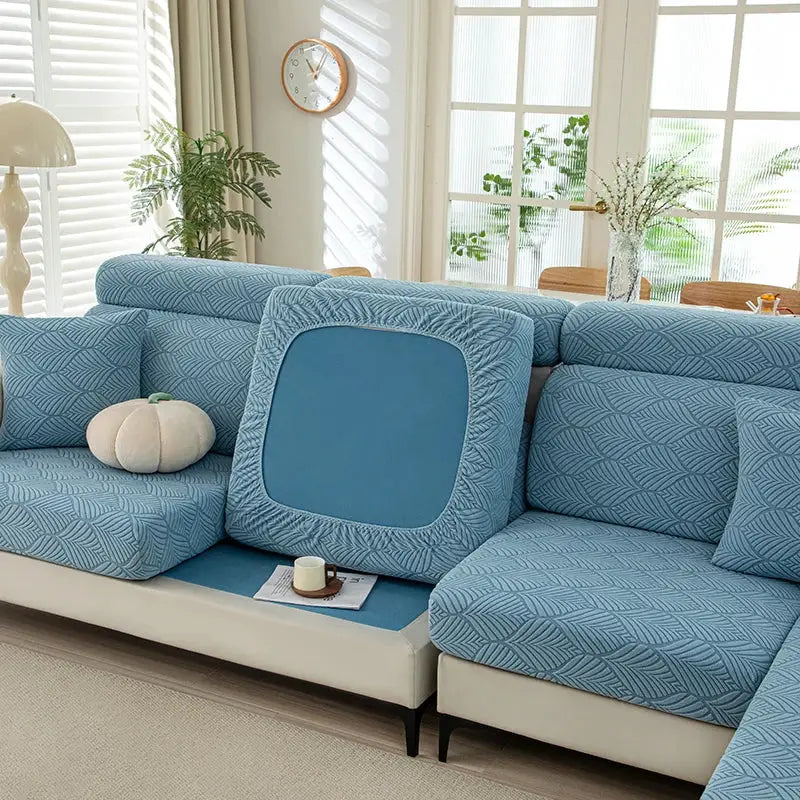 Sofa cover set in blue thick plush fabric by Simples Market with elastic cushion covers for living room