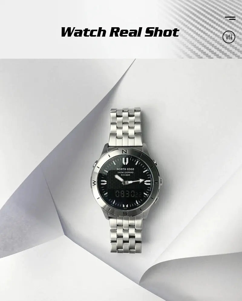 NORTH EDGE men's stainless steel digital sports watch with black dial and compass bezel
