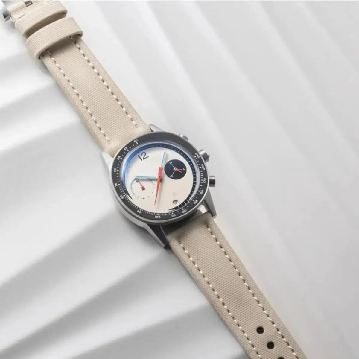 CILOA men's luxury automatic wristwatch with beige fabric strap, stainless steel case and white dial
