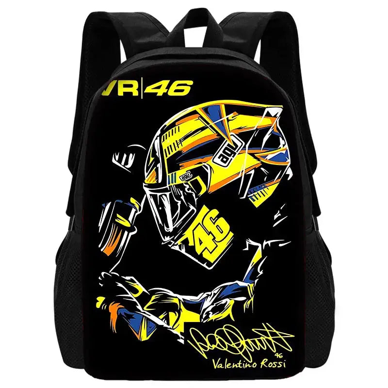Kids VR46 motorcycle backpack for school, black with yellow helmet graphic and Valentino Rossi signature