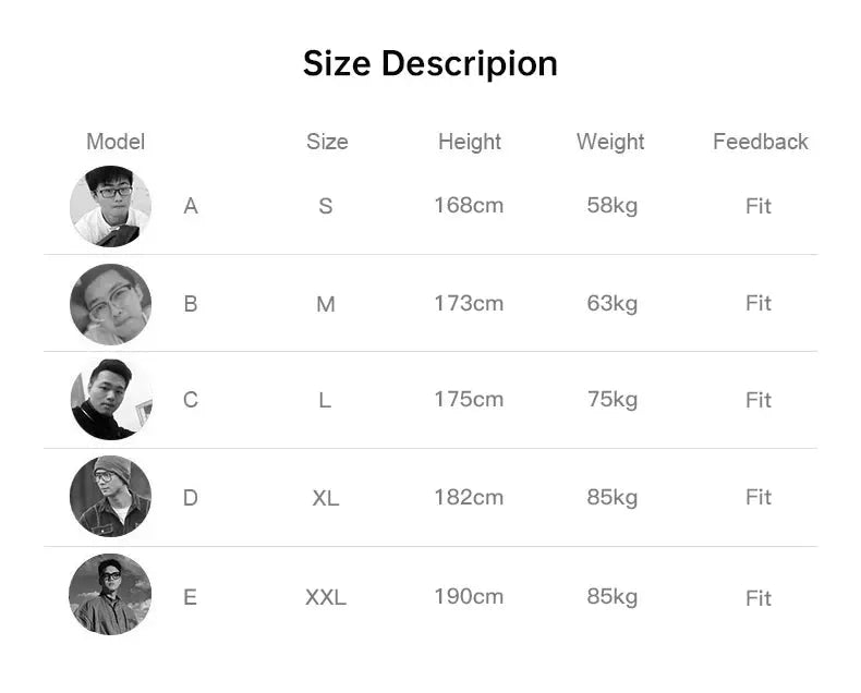 Maden Down Vest size chart by Simples Market; models A–E, sizes S–XXL, height/weight data, and fit notes.