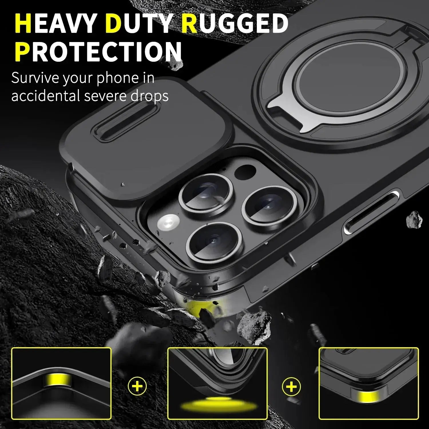 Phone case, rugged magnetic bracket, black PC cover with camera protection for iPhone Pro Max