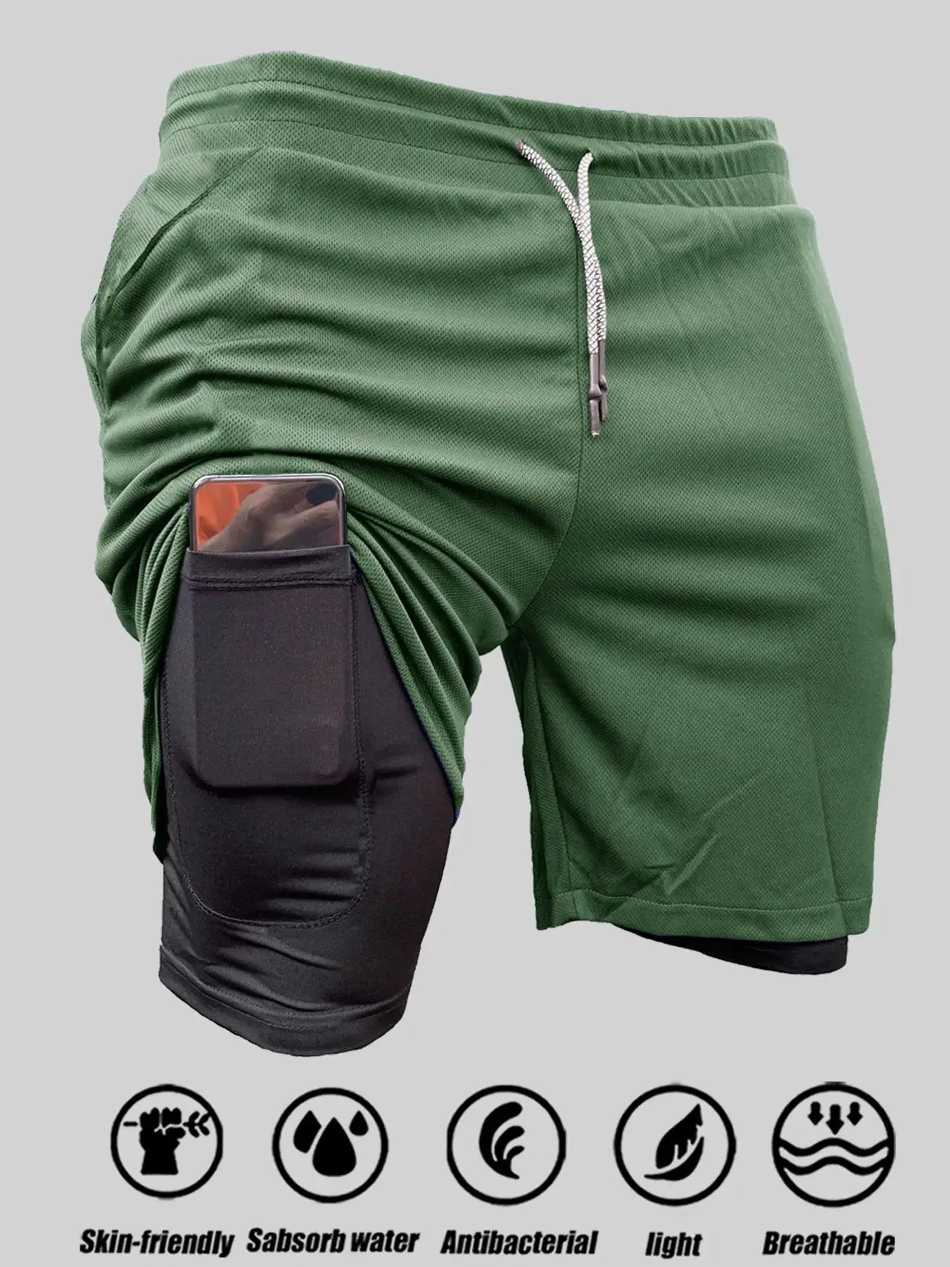 Men's 2-in-1 sports shorts Simples Market; green quick-dry breathable fabric with zip pocket