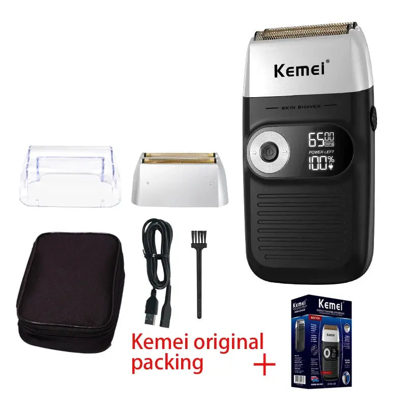 Kemei electric shaver set: black cordless razor with foil head, USB cable, brush, pouch and stand (7 pieces)