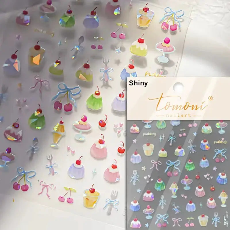 Nail art stickers set, pink translucent jelly texture 5D embossed, cute fruit bows, Tomoni brand on clear sheet