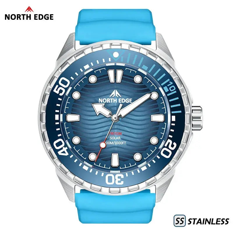 North Edge Triton-TI diving watch with blue dial and blue silicone strap, stainless steel case, 300m water resistant