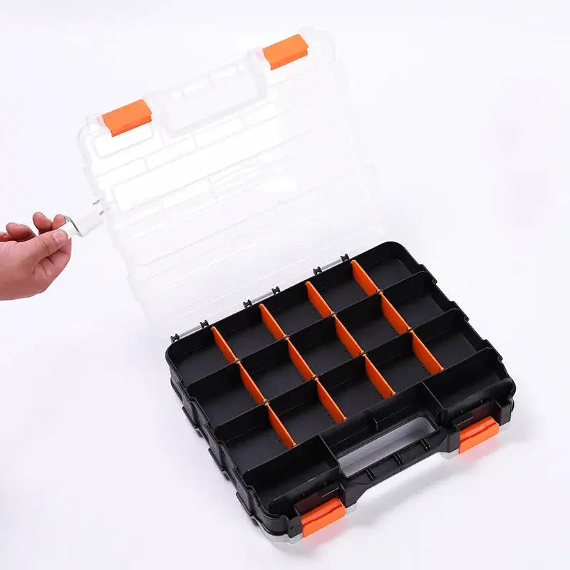 Hand-held plastic hardware storage box with a clear lid, orange latches, and divided black interior compartments