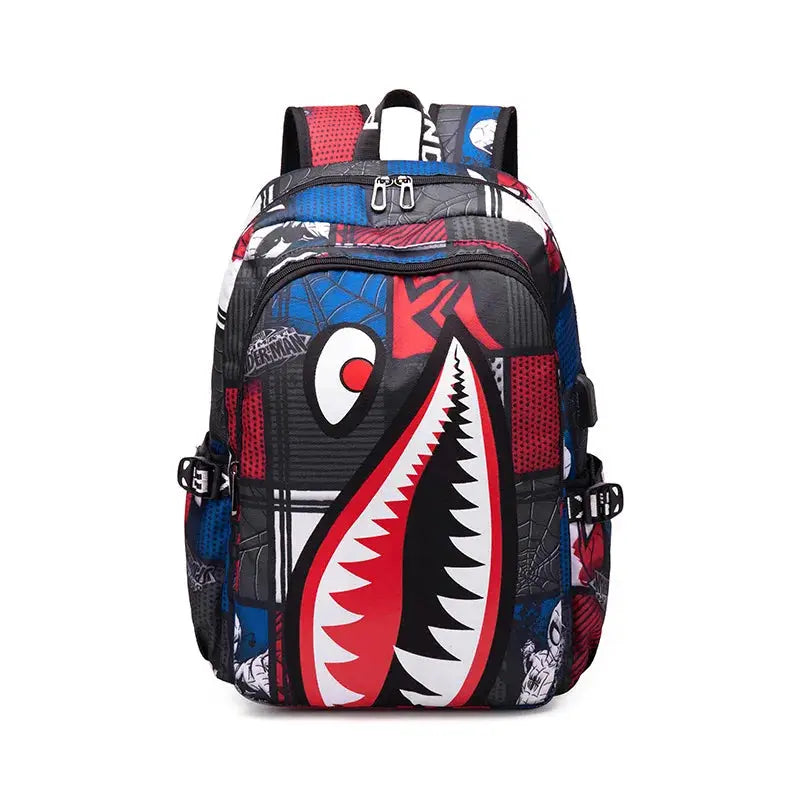 Backpack elementary bookbag with bold cartoon shark print in blue, red and black