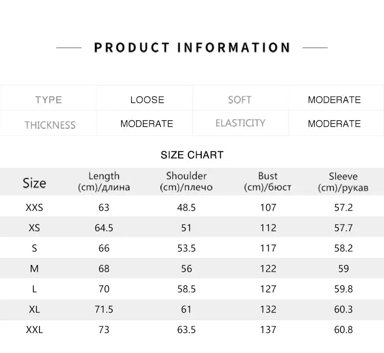 Semir down jacket product information page with size chart showing XXS–XXL measurements, by Simples Market