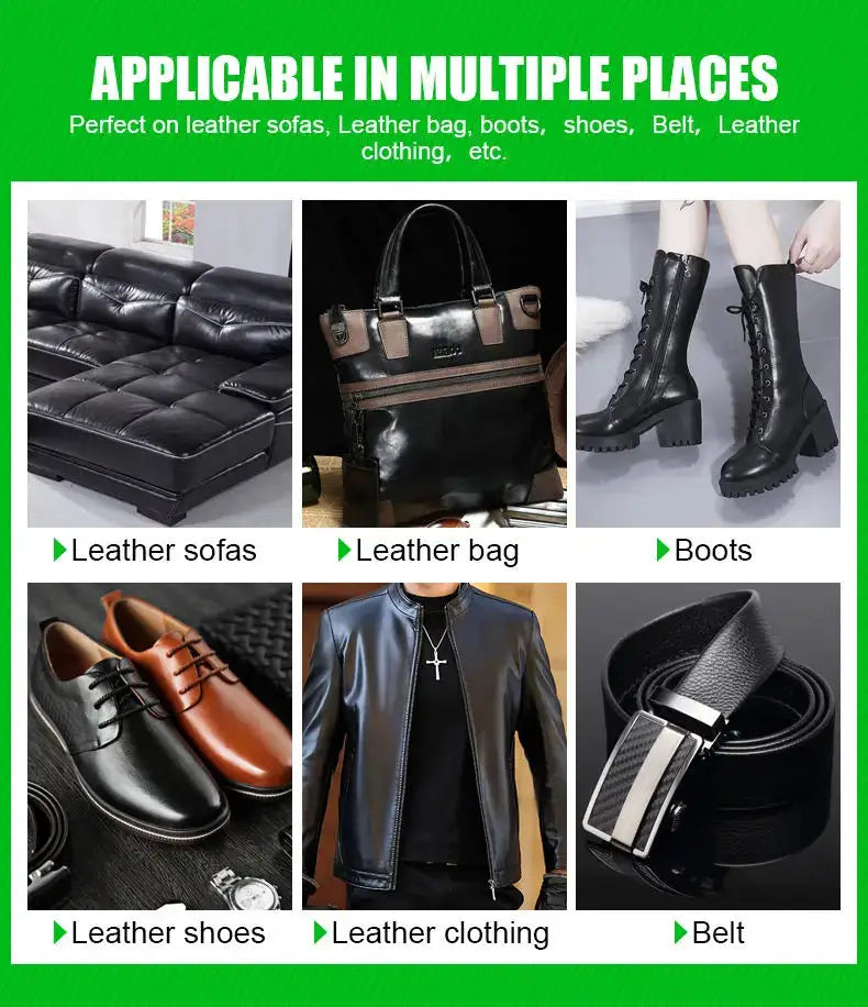 Leather care collage by Simples Market: six items—sofas, bag, boots, shoes, jacket, belt