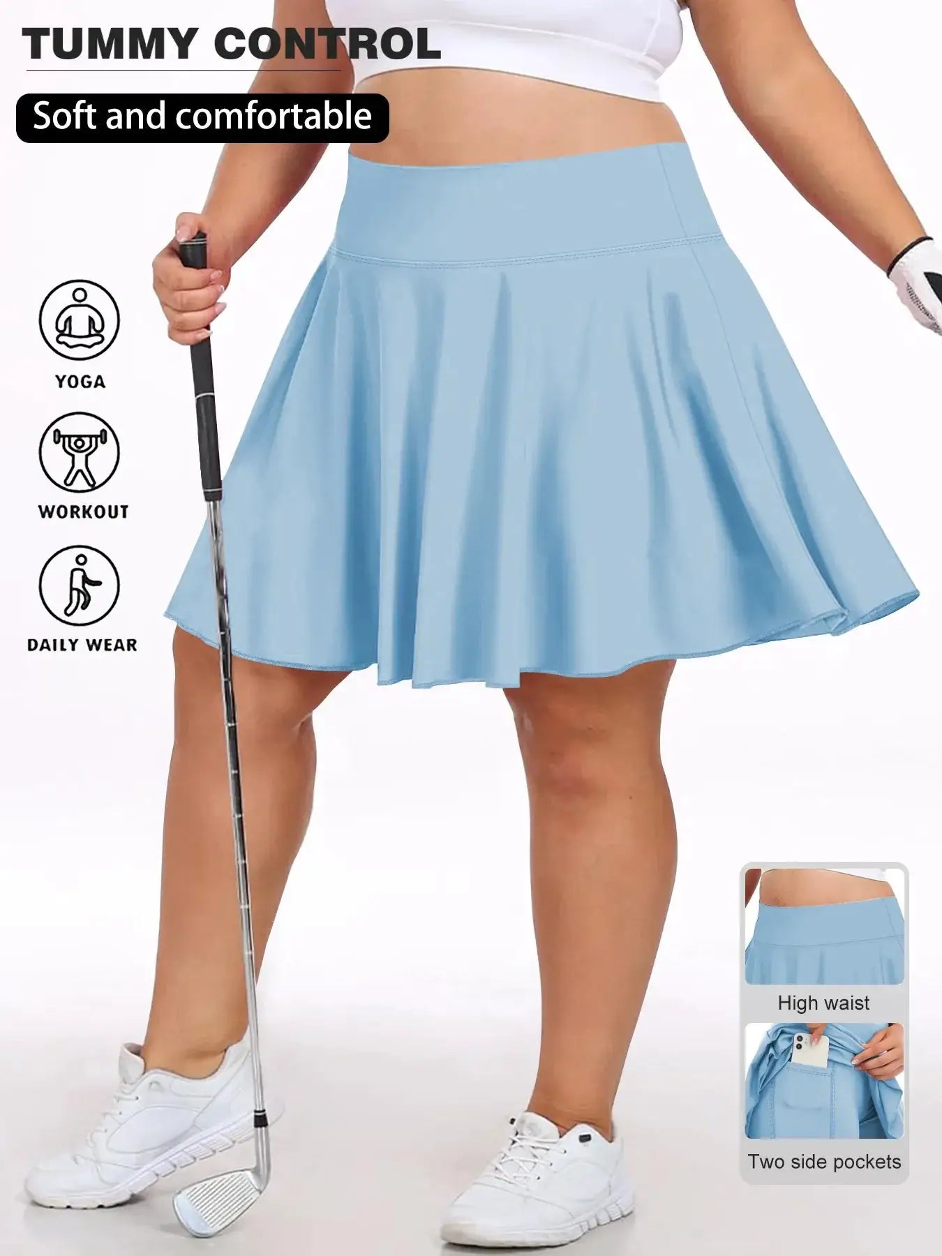 Plus-size women's high-waist light-blue fitness short skirt with two side pockets for gym and outdoor wear