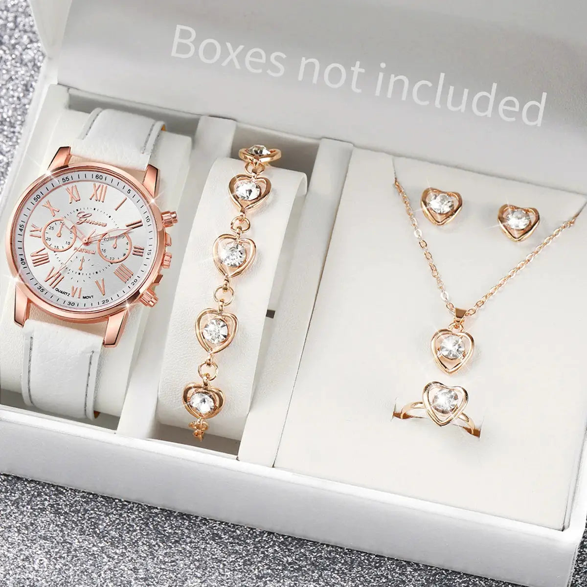 AuroraTime Womens Quartz Watch Leather Band Jewelry Set Heart Rhinestones Accent Analog Roman Numerals