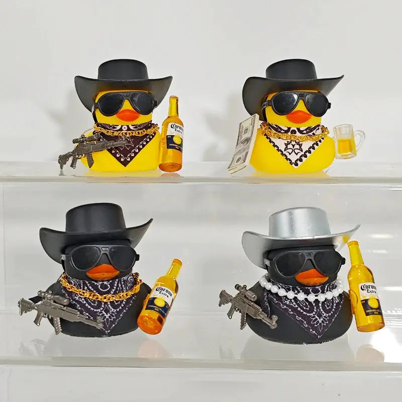 Cowboy rubber duck car ornament set, 4 yellow ducks with black hats, sunglasses, beer bottles by Simples Market