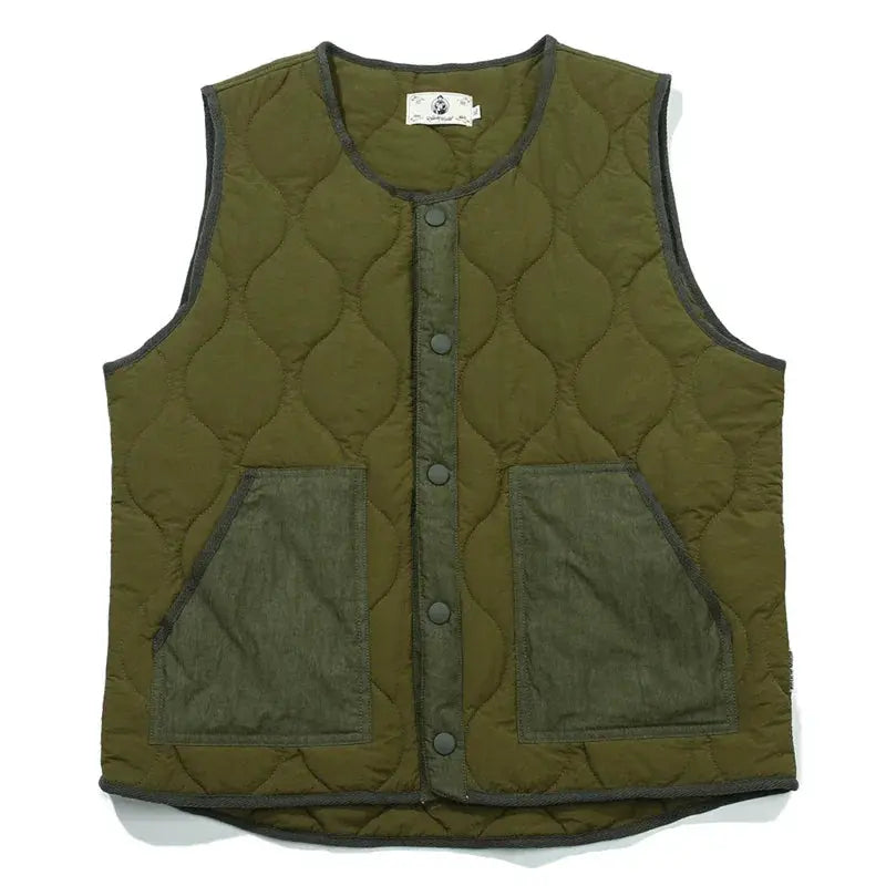 Vintage cotton padded vest for men, olive green quilted sleeveless jacket with dark green pockets and snap-front closure.