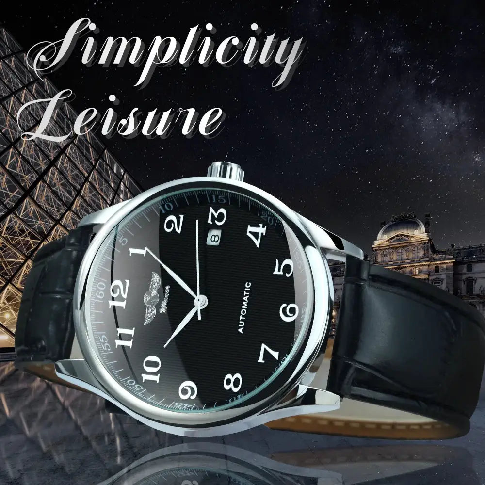 WINNER men's fashion business watch with black dial, calendar, retro automatic movement, steel case and leather strap