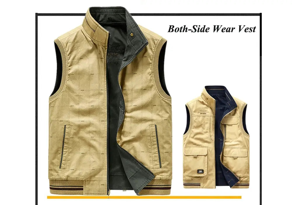 Simples Market men's double-sided cotton vest with multiple pockets; beige outer, navy interior