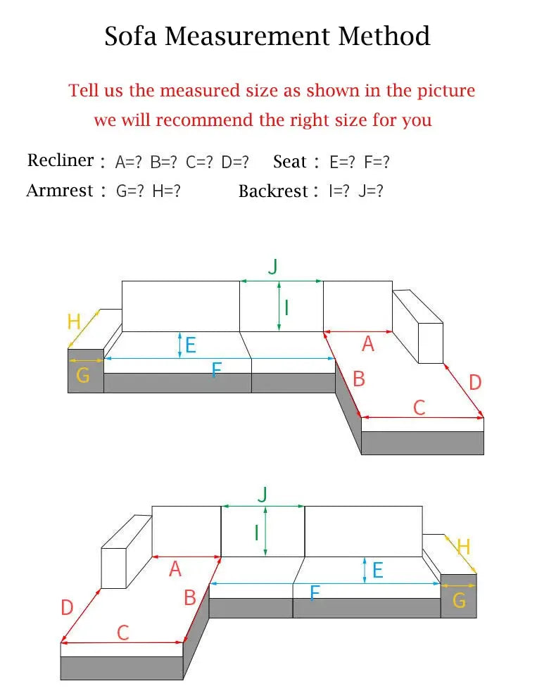 Simples Market velvet sofa cover measurement diagram with A-J size guides for sofas.