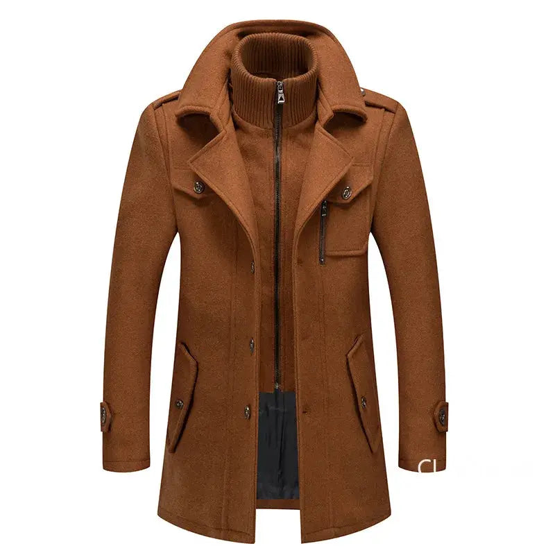 Men's camel cashmere trench coat by Simples Market, wool-blend winter overcoat with zip and button details