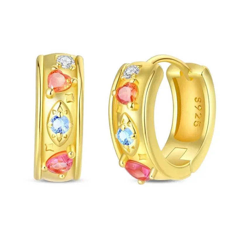 Gold-tone hoop earrings with red and blue gemstones; pair, 925 sterling silver stamped