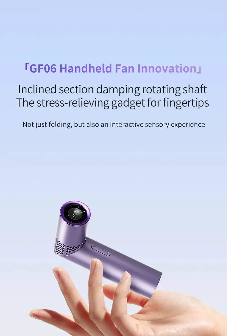 Simples Market GF06 lipstick-style handheld fan, purple folding design with digital display.