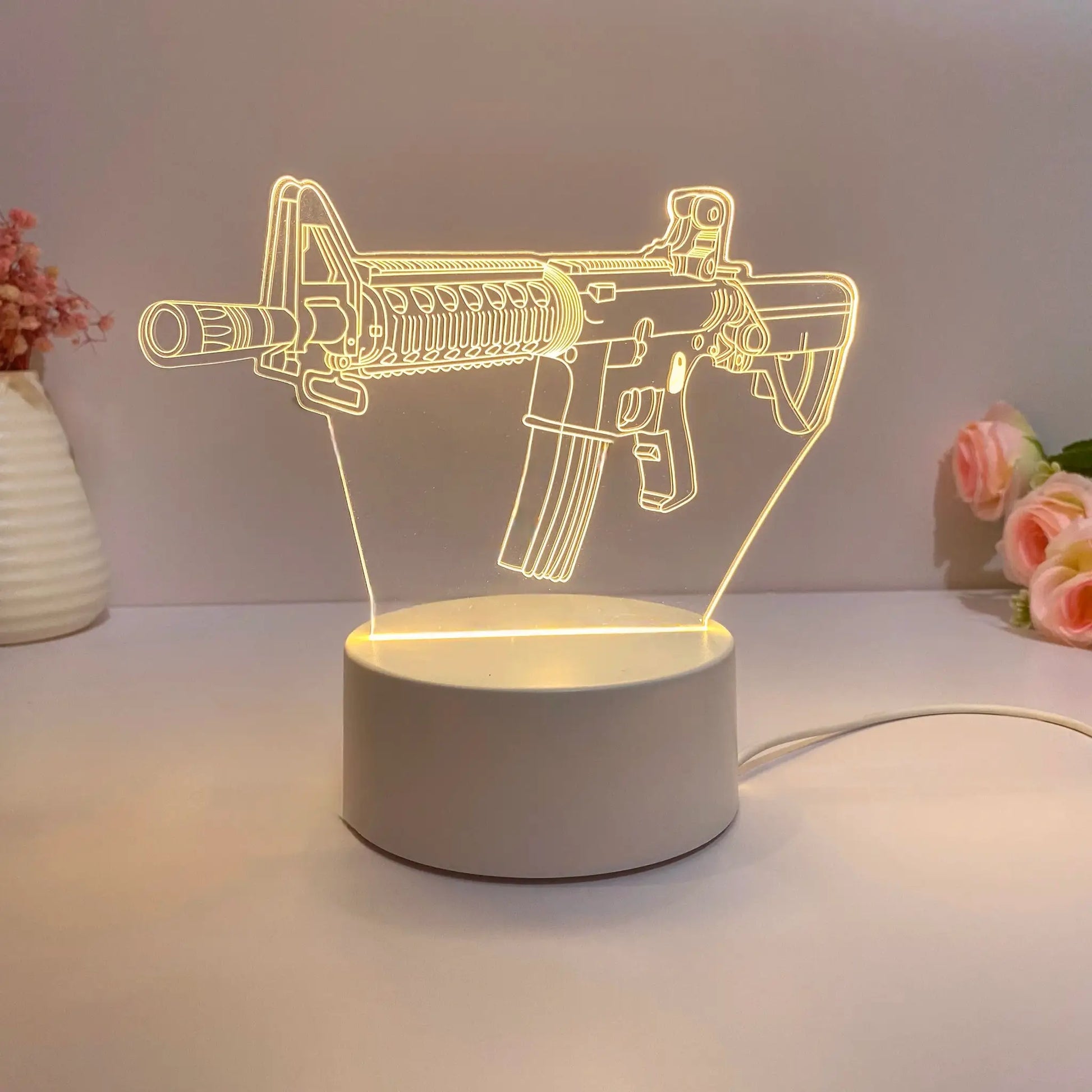 Submachine gun modeling night light with USB power, warm yellow glow
