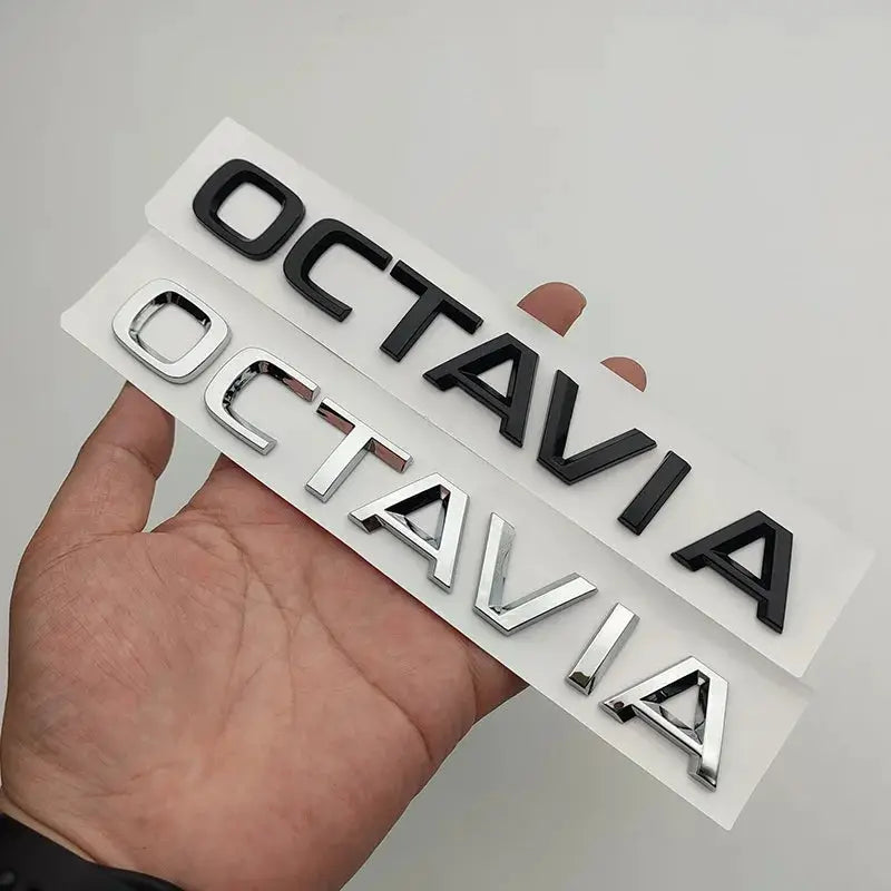 Octavia badge emblems set, 3D ABS chrome and black finishes, two rear trunk letter stickers