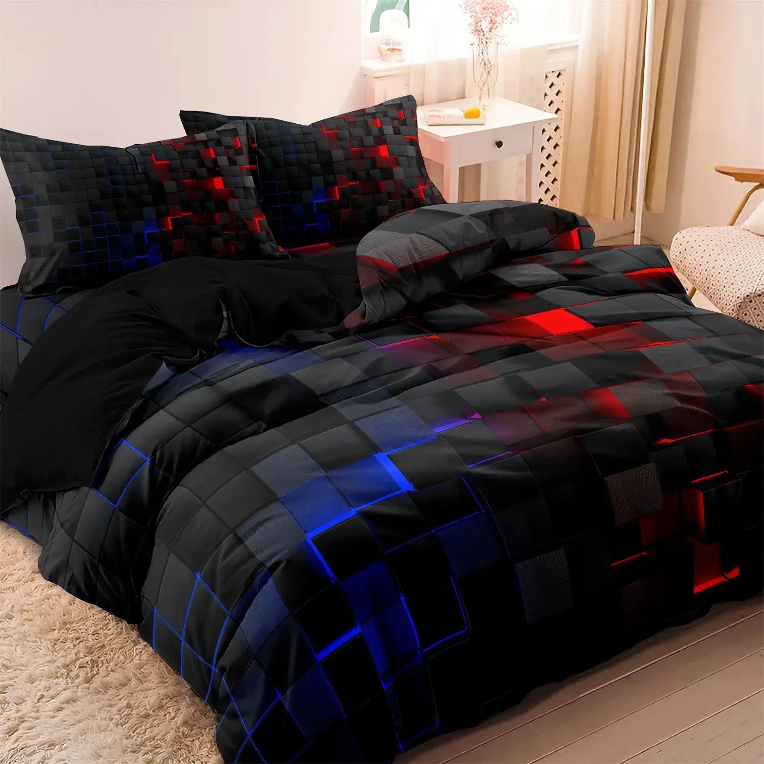 3pc duvet cover bedding set with 2 pillowcases in black geometric grid plaid with red and blue accents