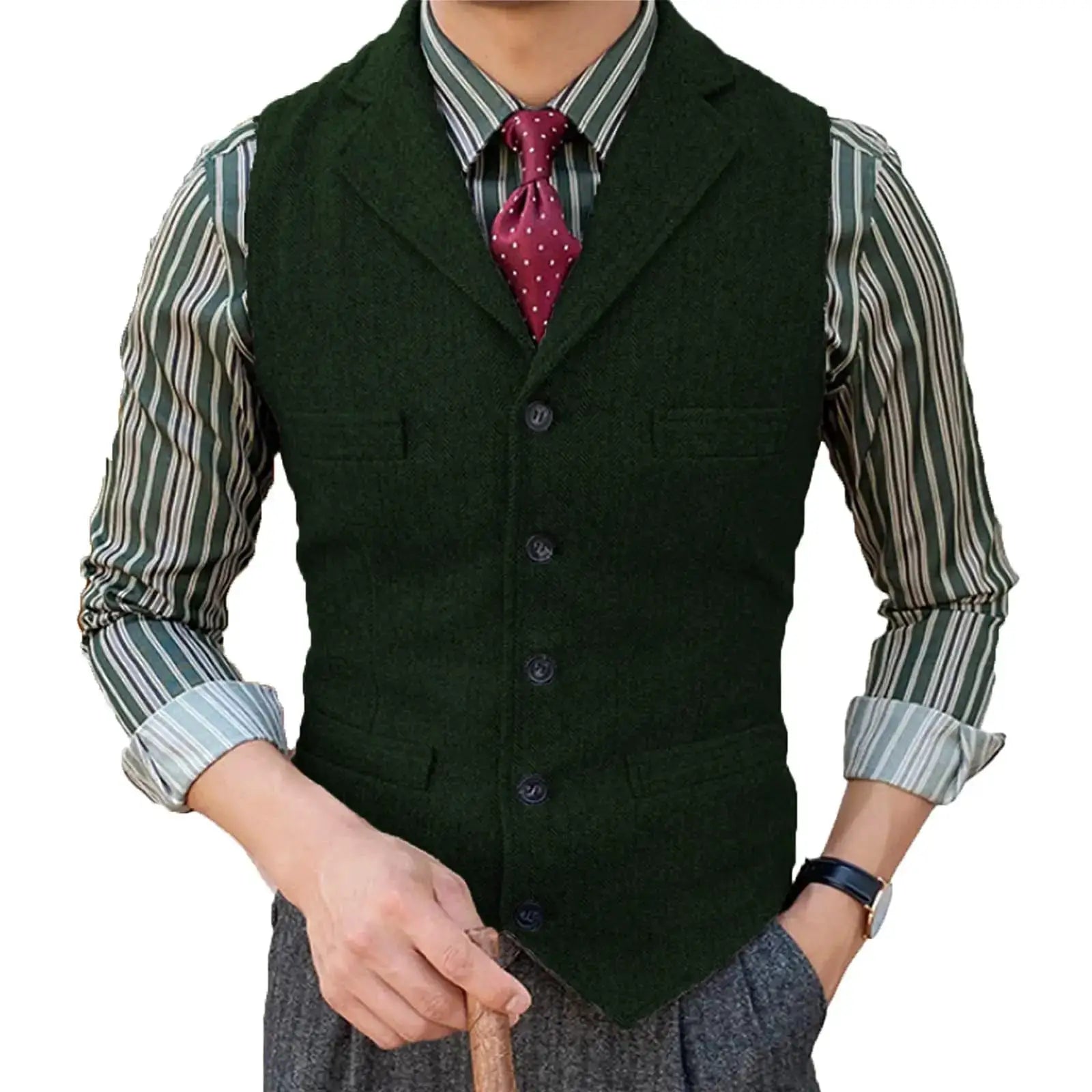 Men's Simples Market wool herringbone vest waistcoat in dark green, paired with striped shirt and pink polka-dot tie