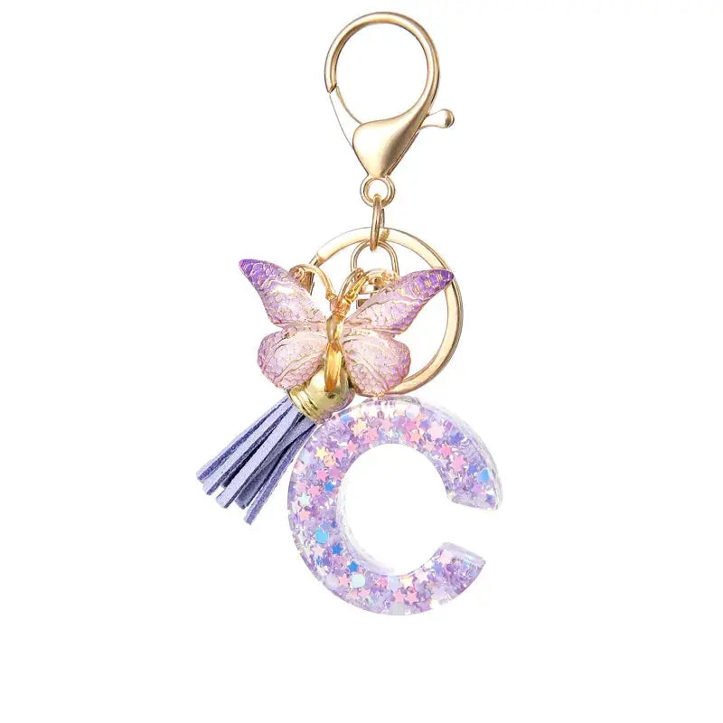 Sequin Letters Keychain For Women With Tassel Butterfly Pendant Initial Key Ring Purse Charm Car Key Chain Accessories