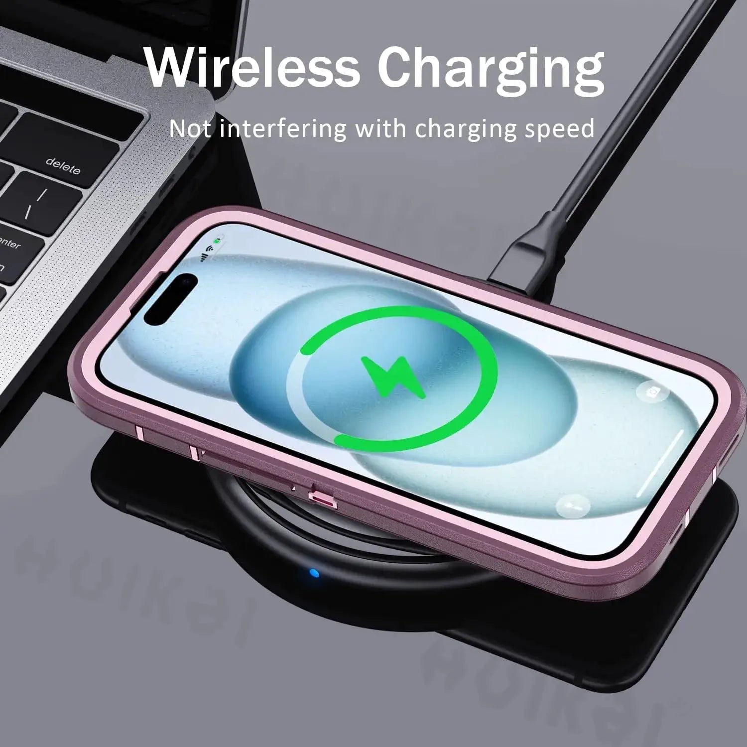 Simples Market pink heavy-duty silicone iPhone case for 17 Pro Max/16 Pro Max/15 Pro, full-body protection on wireless charger