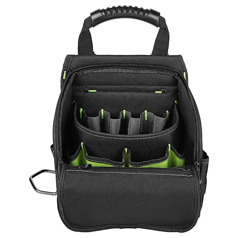 JAKAH Professional Electricians Tool Pouch, black with neon-green interior and rubber handle, multi-pocket design