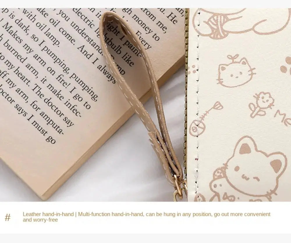 Cat coin purse wallet by Simples Market in beige PU leather with wrist strap, lightweight large-capacity