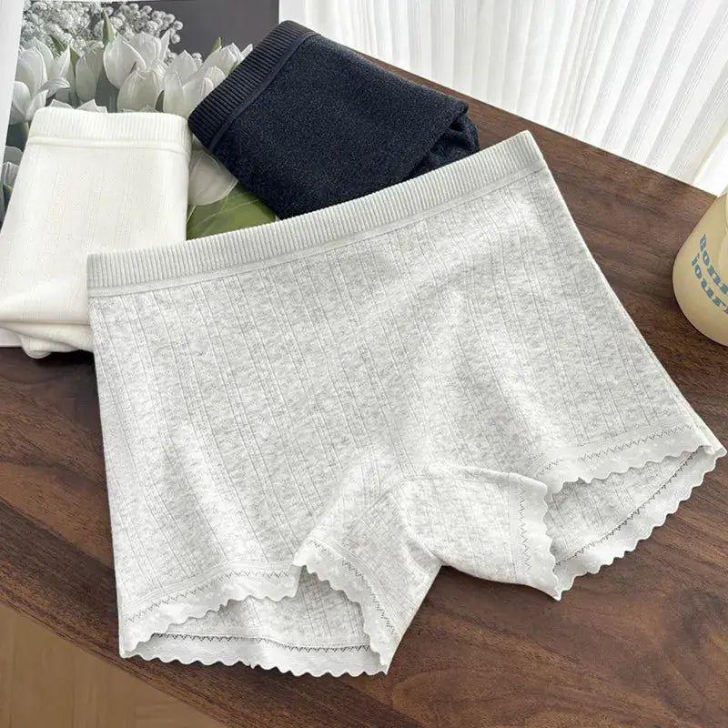 3-pack women's mid-rise lace-trim boxer briefs in white, gray, and navy.