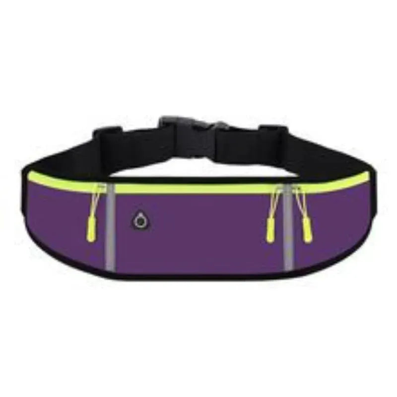 Outdoor running waist bag in purple with neon yellow zippers, three waterproof pockets